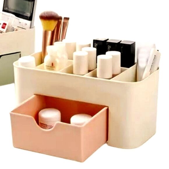 Makeup Organizer Tan Plastic Cosmetic Compartment Storage Box Pink Drawer - Picture 2 of 8